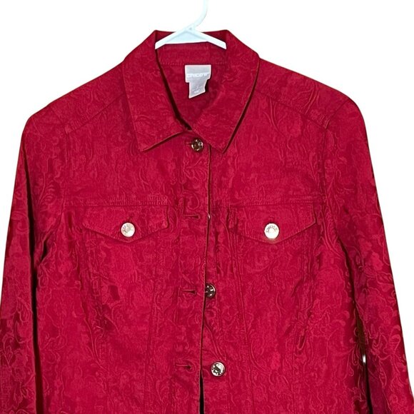 Chicos Size S Rich Red Elongated Jacquard Jean Jacket w/ Floral Imprint - Picture 3 of 9